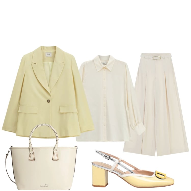 Outfit donna - Invito alla Cerimonia. Stile Chic per Cerimonia. Abbinamento con décolleté, shopping bag, pantaloni a palazzo, blazer, camicie.