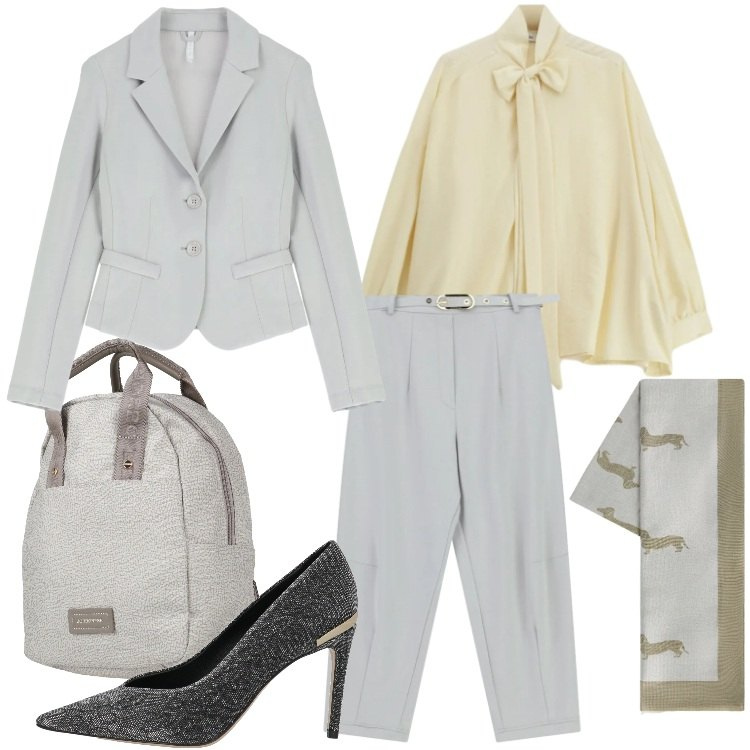 Outfit donna - Soft Power Dressing. Stile Mannish per Ufficio. Abbinamento con zaini, décolleté, sciarpe, pantaloni, blazer, camicie.