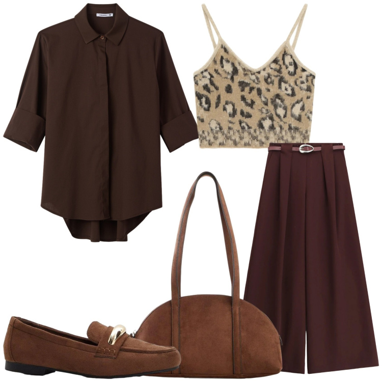 Outfit donna - Marrone colore di moda. Stile Casual chic per Tutti i giorni. Abbinamento con borse a tracolla, mocassini, camicie, top, pantaloni a palazzo.