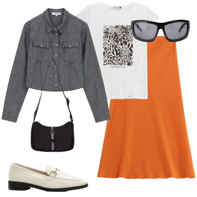 Outfit donna - Gonna arancione per illuminare la giorna. Stile Urban per Ufficio. Abbinamento con mocassini, occhiali da sole, gonne longuette, borse a tracolla, t-shirt, camicie.