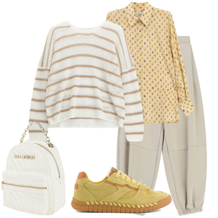 Outfit donna - Maglia primaverile. Stile Casual chic per Ufficio. Abbinamento con zaini, pantaloni, maglieria, camicie, sneakers.