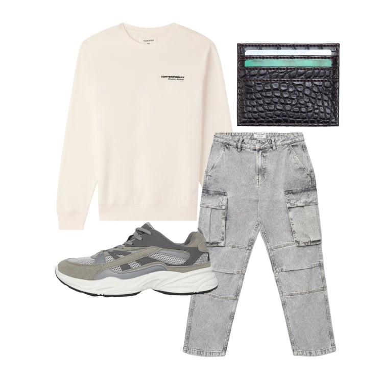 Outfit uomo - Marzo. Stile Trendy per Tutti i giorni. Abbinamento con sneakers, felpe, jeans, portafogli.