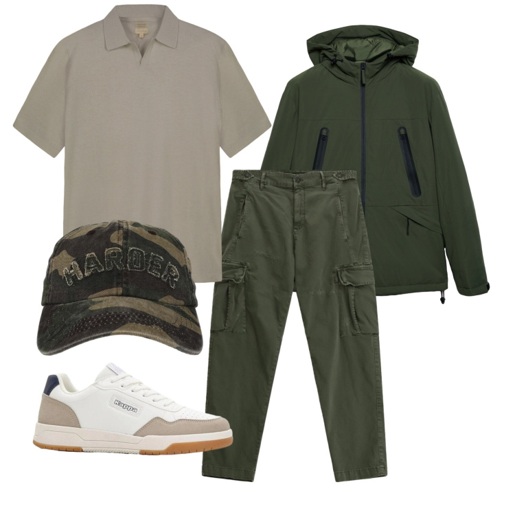 Outfit uomo - Marzo. Stile Urban per Tutti i giorni. Abbinamento con sneakers, pantaloni cargo, giacche, cappelli con visiera, polo.