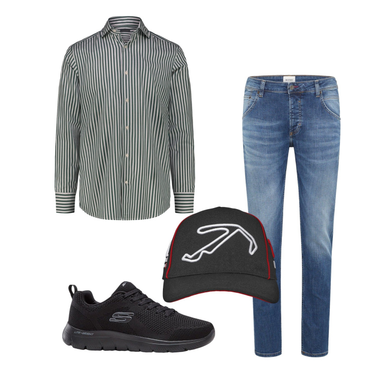 Outfit uomo - Marzo. Stile Trendy per Tutti i giorni. Abbinamento con sneakers, jeans dritti, cappelli con visiera, camicie.