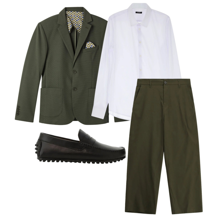 Outfit uomo - Marzo. Stile Business/Elegante per Ufficio. Abbinamento con giacche, camicie, pantaloni, scarpe stringate.