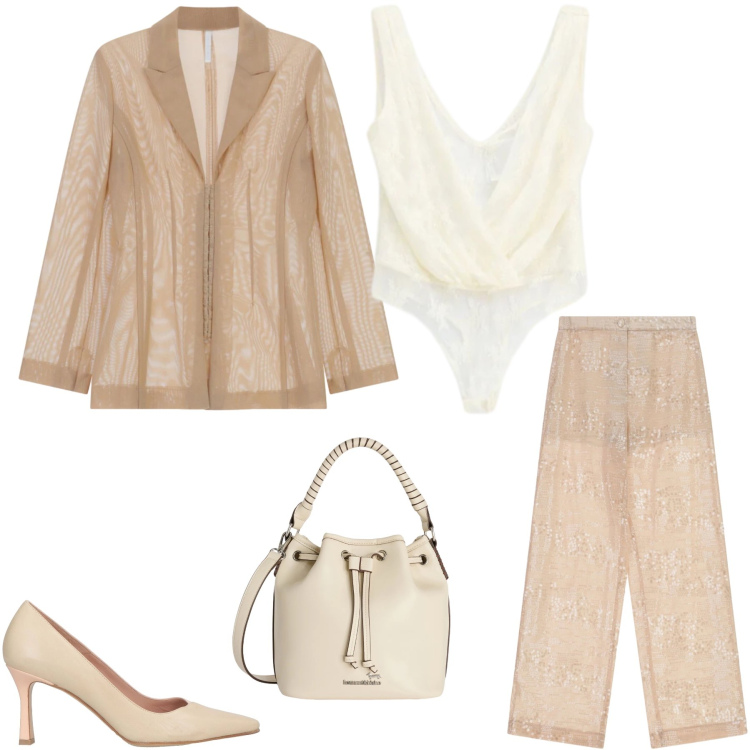 Outfit donna - Nude Ethereal Glam. Stile Trendy per Tutti i giorni. Abbinamento con décolleté, borse a secchiello, pantaloni a palazzo, blazer, top.