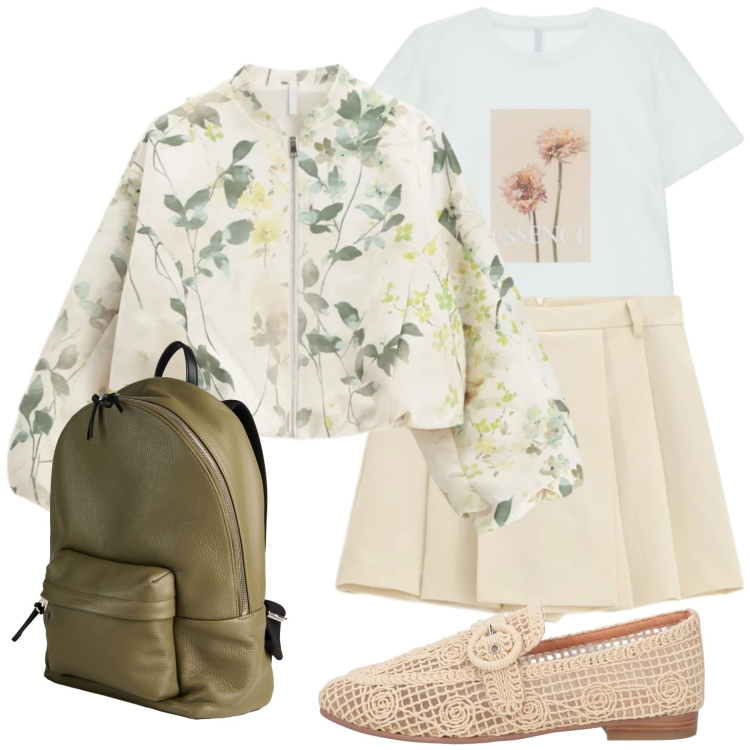 Outfit donna - Bomber con stampa botanica. Stile Romantica per Scuola/Università. Abbinamento con mocassini, zaini, bomber, t-shirt, shorts.