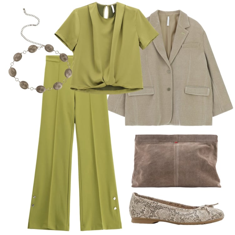 Outfit donna - Marzo. Stile Trendy per Tutti i giorni. Abbinamento con ballerine, cinture, bluse, blazer, pantaloni, pochette.