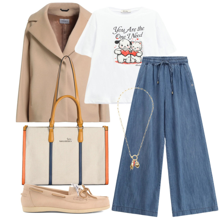 Outfit donna - Marzo. Stile Trendy per Tutti i giorni. Abbinamento con cappotti, borse tote, t-shirt, ciondoli, jeans, mocassini.