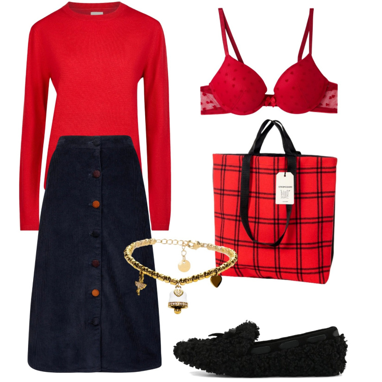 Outfit donna - Total look #2363683. Stile Trendy per Scuola/Università. Abbinamento con reggiseni push-up, braccialetti, borse tote, maglieria, gonne longuette, mocassini.