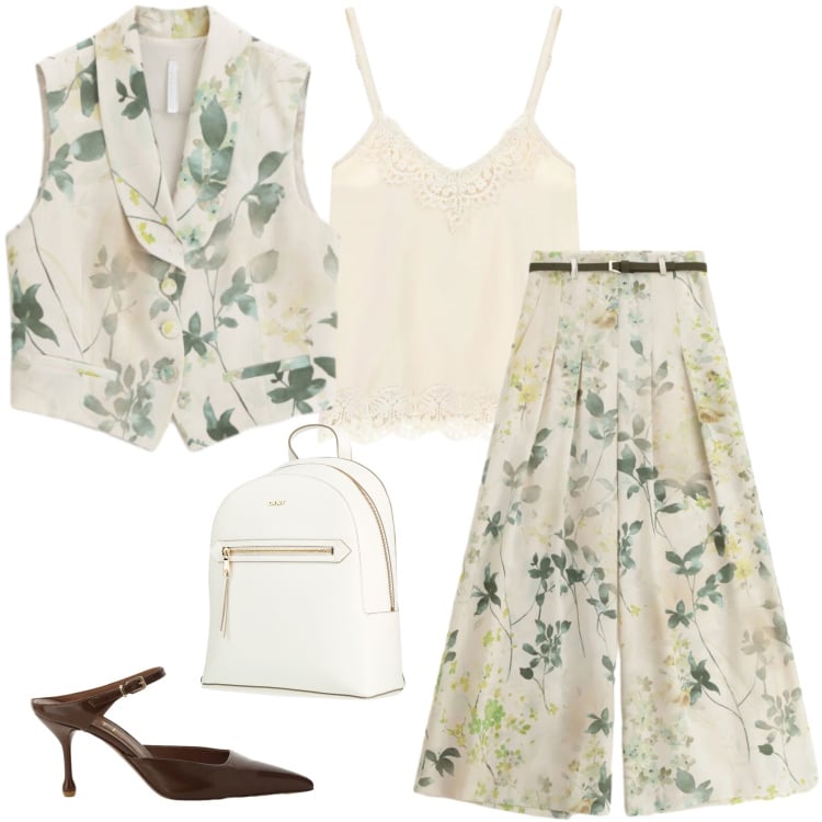 Outfit donna - Romantic Botanical. Stile Trendy per Tutti i giorni. Abbinamento con zaini, pantaloni a palazzo, gilet, top, décolleté.