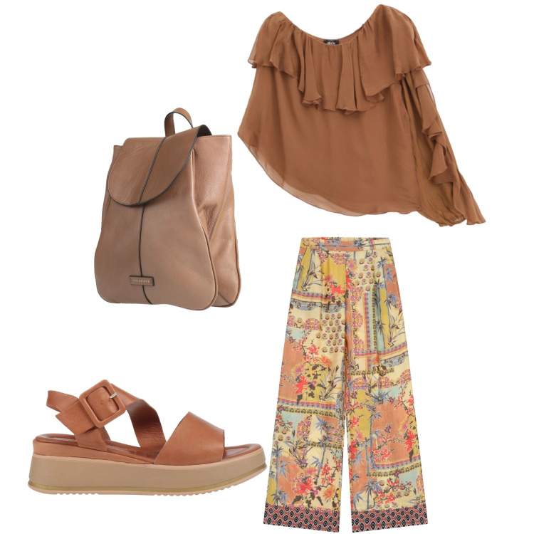 Outfit donna - Tropical Sun & Sand. Stile Boho per Tutti i giorni. Abbinamento con zaini, sandali in pelle, pantaloni a palazzo, bluse.
