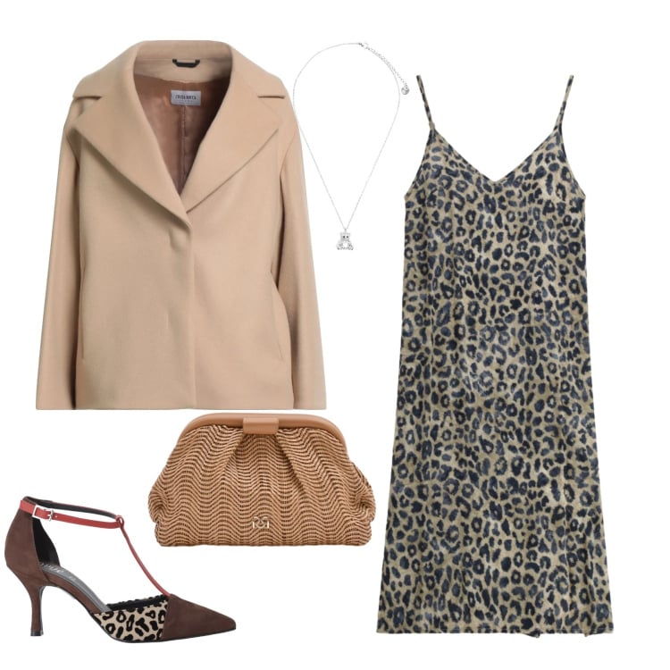 Outfit donna - Wild & Sophisticated. Stile Trendy per Serata fuori. Abbinamento con cappotti, vestiti midi/longuette, pochette, décolleté, ciondoli.