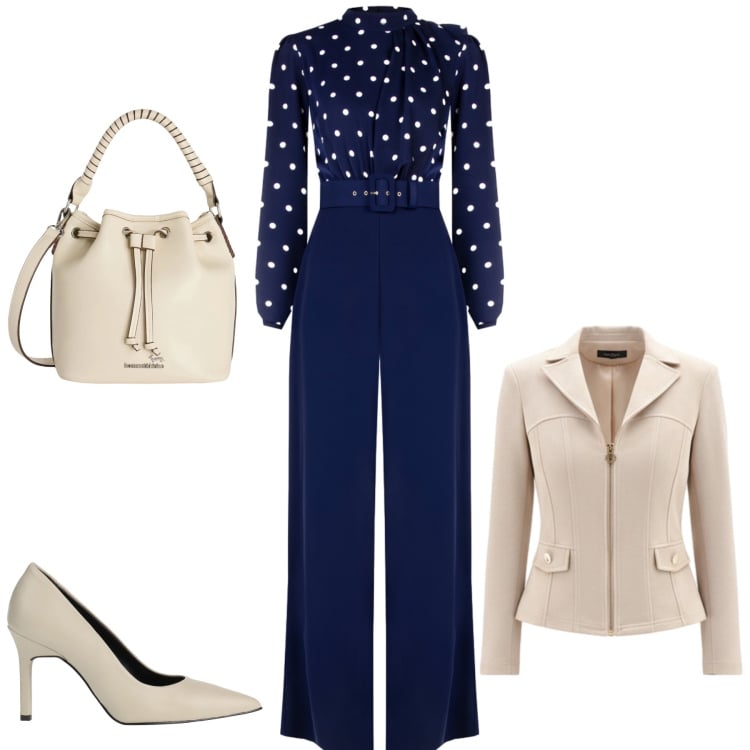 Outfit donna - Eleganza a Pois. Stile Romantica per Ufficio. Abbinamento con décolleté, borse a secchiello, tute, blazer.