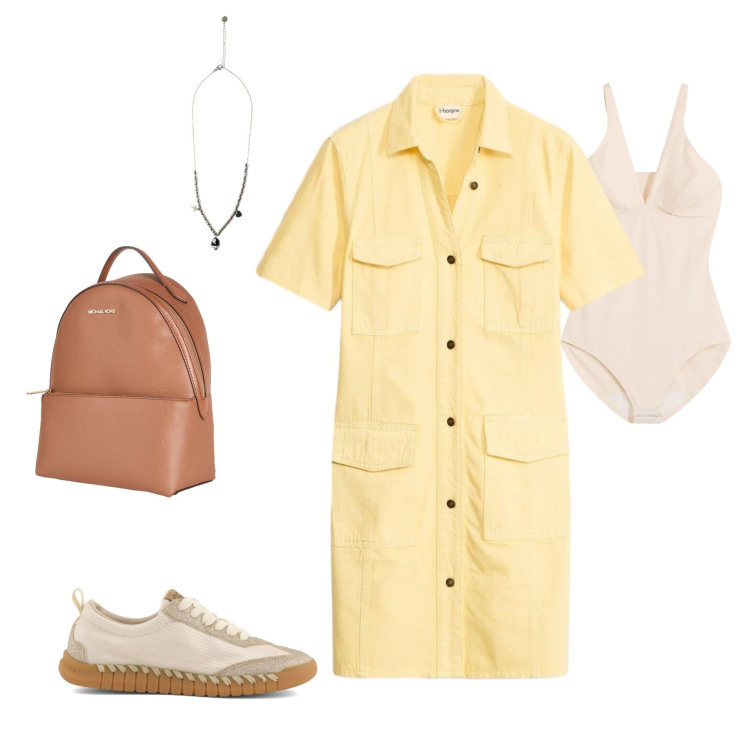 Outfit donna - Urban Safari in Pastel. Stile Casual chic per Tutti i giorni. Abbinamento con zaini, body, vestiti corti, ciondoli, sneakers.