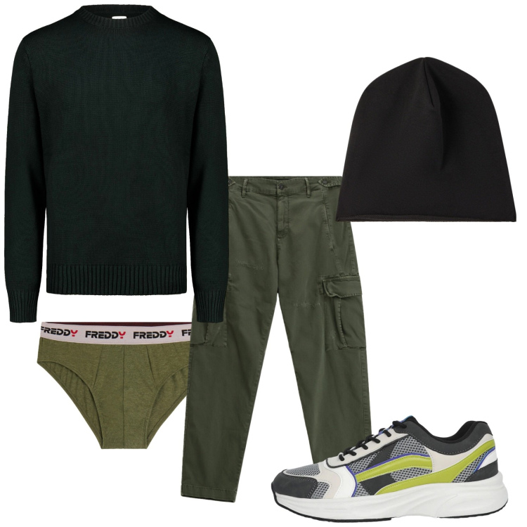 Outfit uomo - Total look #2363695. Stile Urban per Tutti i giorni. Abbinamento con berretti, sneakers, pantaloni cargo, slip, maglieria.