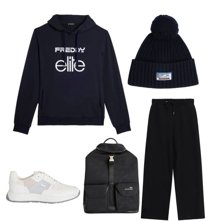 Outfit uomo - Midnight Sporty Cool. Stile Trendy per Tutti i giorni. Abbinamento con sneakers, berretti, borse sportive, pantaloni sportivi, felpe con cappuccio.