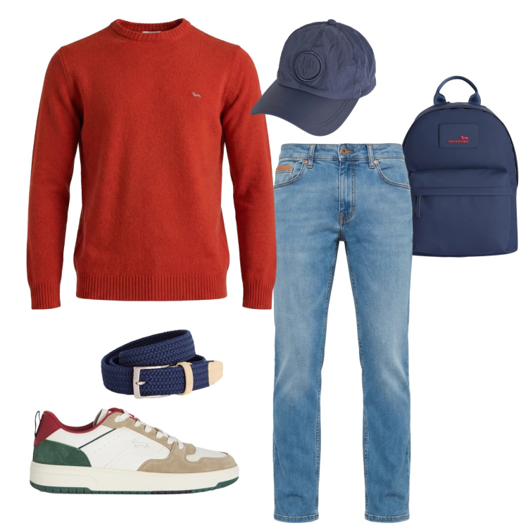 Outfit uomo - Urban Sporty Rust. Stile Urban per Tutti i giorni. Abbinamento con sneakers, cinture, borse sportive, jeans, cappelli, pullovers.