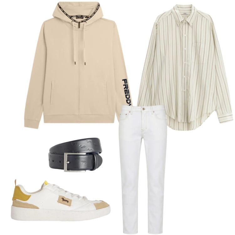 Outfit uomo - Urban Relaxed Neutrals. Stile Trendy per Tutti i giorni. Abbinamento con sneakers, jeans, cinture, camicie, felpe con cappuccio.