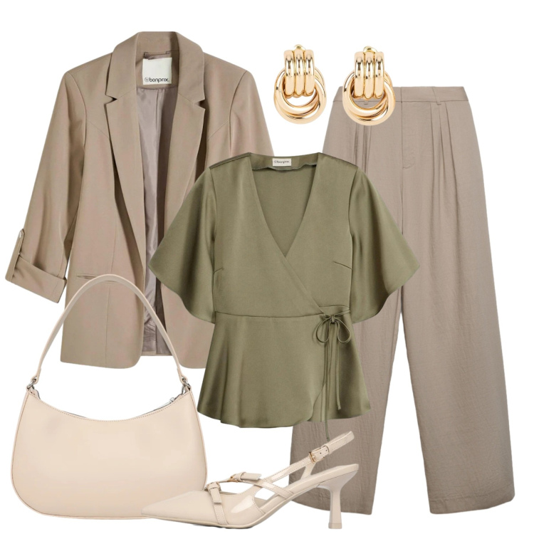 Outfit donna - Eleganza rilassata. Stile Chic per Tutti i giorni. Abbinamento con blazer, bluse, orecchini, pantaloni, décolleté, borse a tracolla.