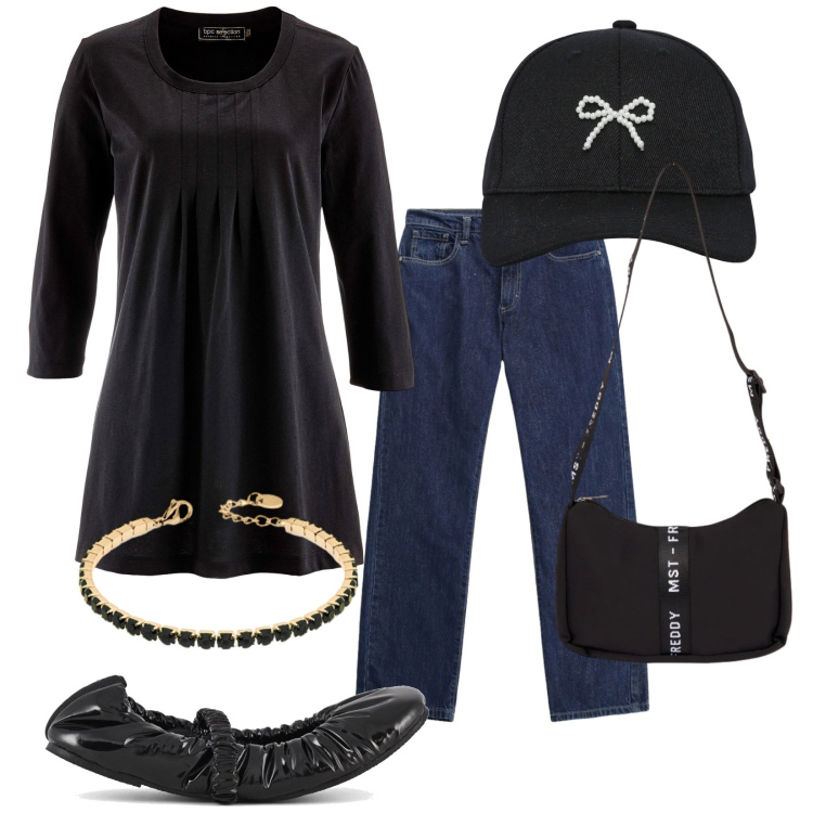 Outfit donna - Maglia in cotone. Stile Casual per Tutti i giorni. Abbinamento con maglieria, cappelli con visiera, borse a tracolla, braccialetti, pantaloni, ballerine.