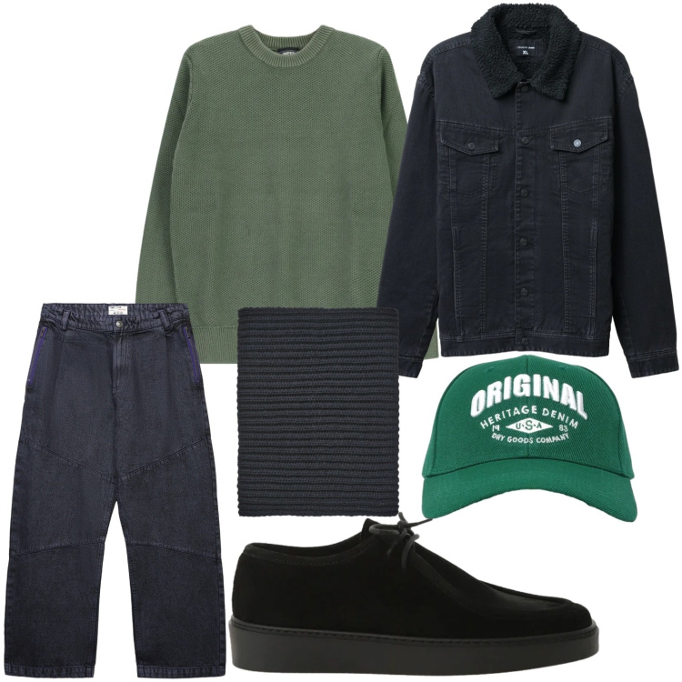 Outfit uomo - Il jeans audace. Stile Casual per Tutti i giorni. Abbinamento con scaldacollo, giacche, jeans dritti, cappelli con visiera, pullovers, scarpe stringate.
