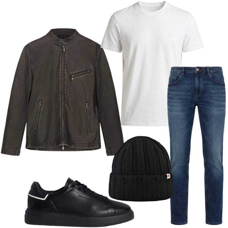 Outfit uomo - Look ibrido perfetto. Stile Trendy per Tutti i giorni. Abbinamento con jeans, sneakers, t-shirt, cappelli, giacche.