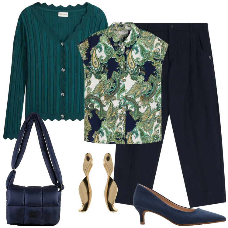 Outfit donna - Sfumature di verde. Stile Casual chic per Ufficio. Abbinamento con camicie, cardigans, décolleté, orecchini, pantaloni, borse a spalla.