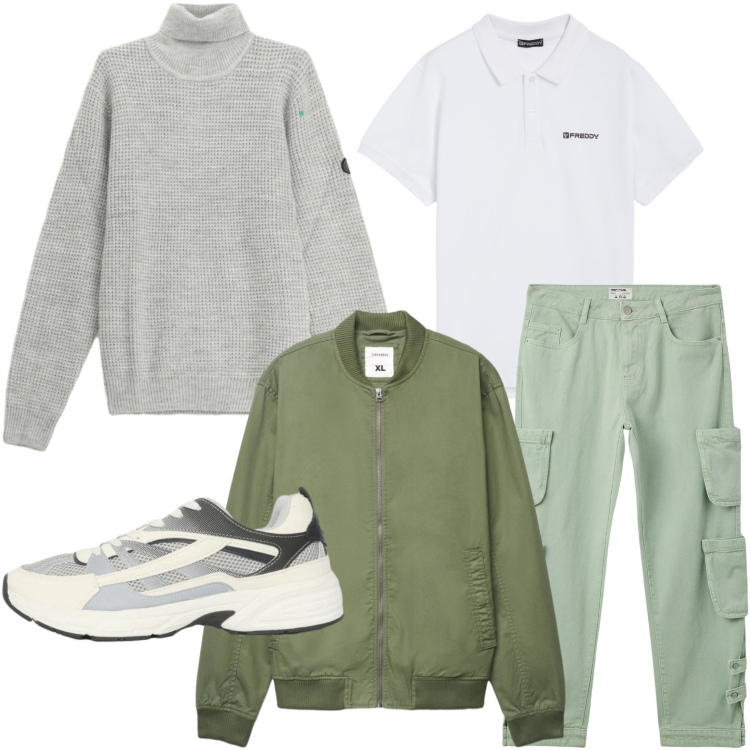 Outfit uomo - Sfumature naturali. Stile Trendy per Tutti i giorni. Abbinamento con jeans, sneakers, bomber, maglieria, polo.