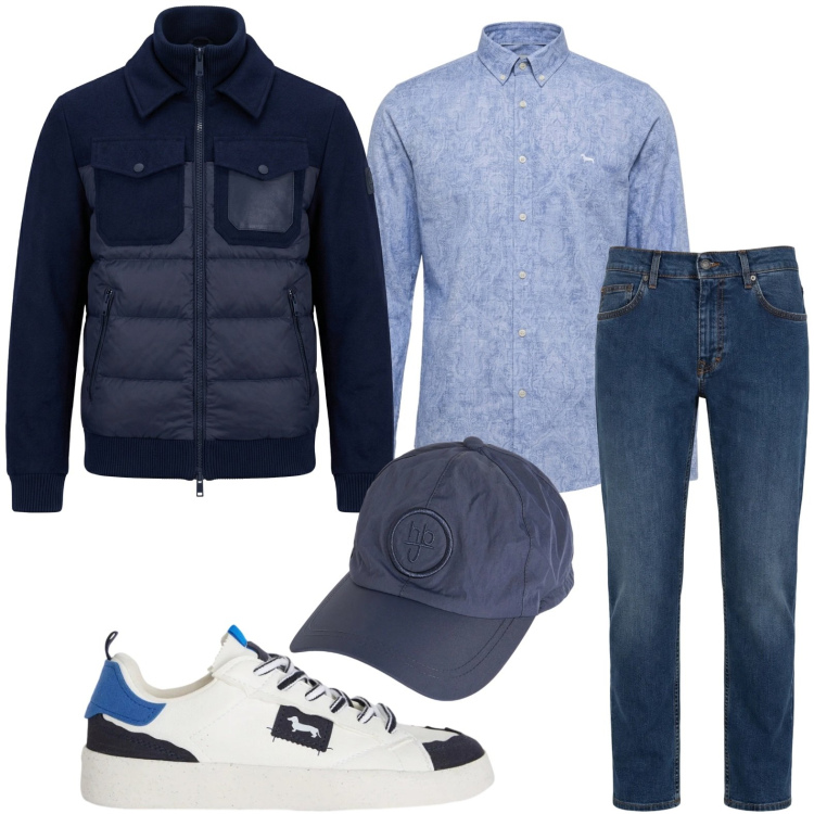 Outfit uomo - Il trionfo del blu. Stile Trendy per Tutti i giorni. Abbinamento con jeans, sneakers, bomber, cappelli, camicie.