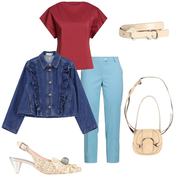 Outfit donna - Celeste e bordeaux. Stile Casual per Tutti i giorni. Abbinamento con marsupi, pantaloni, décolleté, top, cinture, blazer.