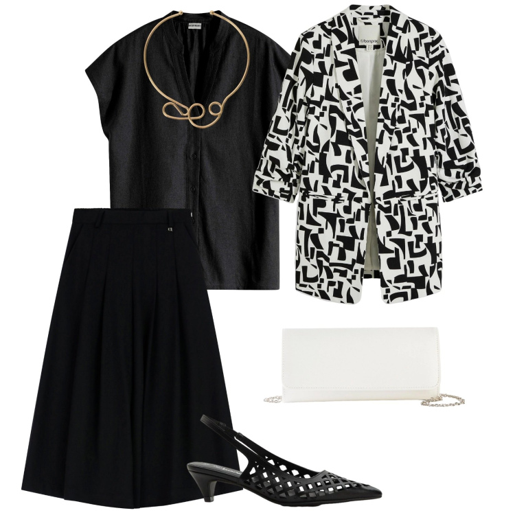 Outfit donna - Power dressing. per Serata fuori. Abbinamento con blazer, pochette, camicie a manica corta, décolleté, pantaloni a palazzo, collane.