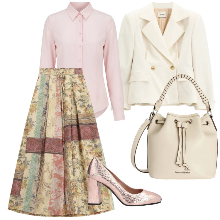 Outfit donna - Power dressing. per Cerimonia. Abbinamento con décolleté, borse a secchiello, blazer, pantaloni a palazzo, camicie.