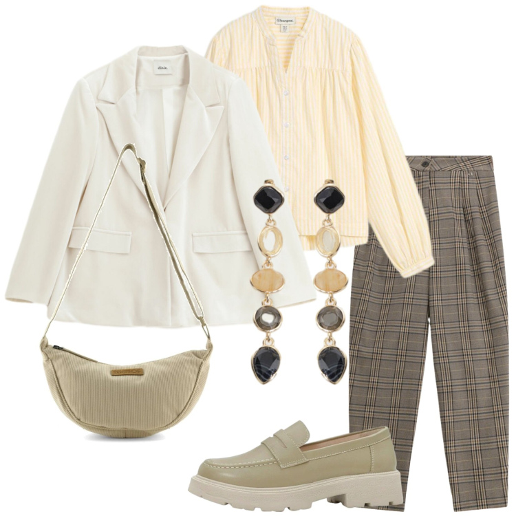 Outfit donna - Giacca e blusa. Stile Casual chic per Ufficio. Abbinamento con bluse, mocassini, pantaloni, blazer, cappelli con visiera, borse a tracolla.