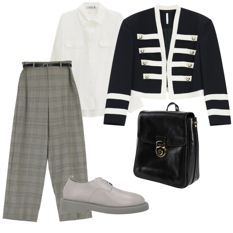 Outfit donna - Power dressing. per Ufficio. Abbinamento con zaini, scarpe stringate, pantaloni a palazzo, blazer, camicie.