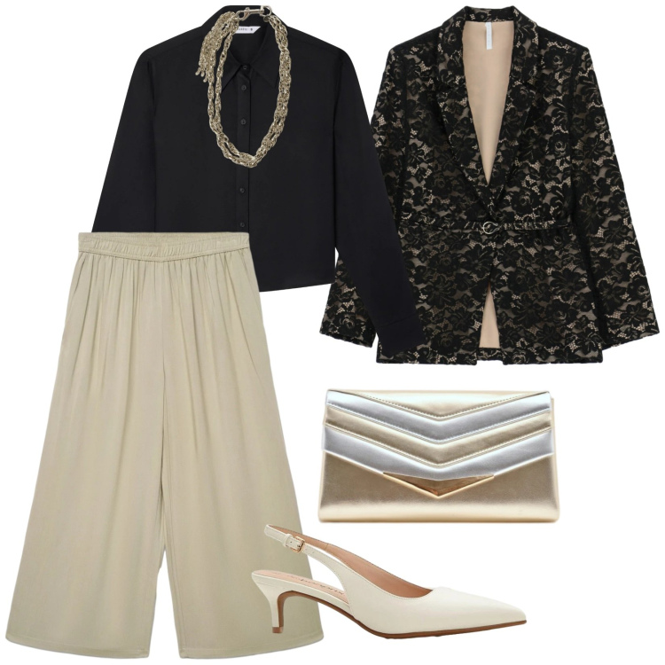 Outfit donna - Power dressing. per Cerimonia. Abbinamento con décolleté, camicie, pantaloni a palazzo, blazer, collane, pochette.