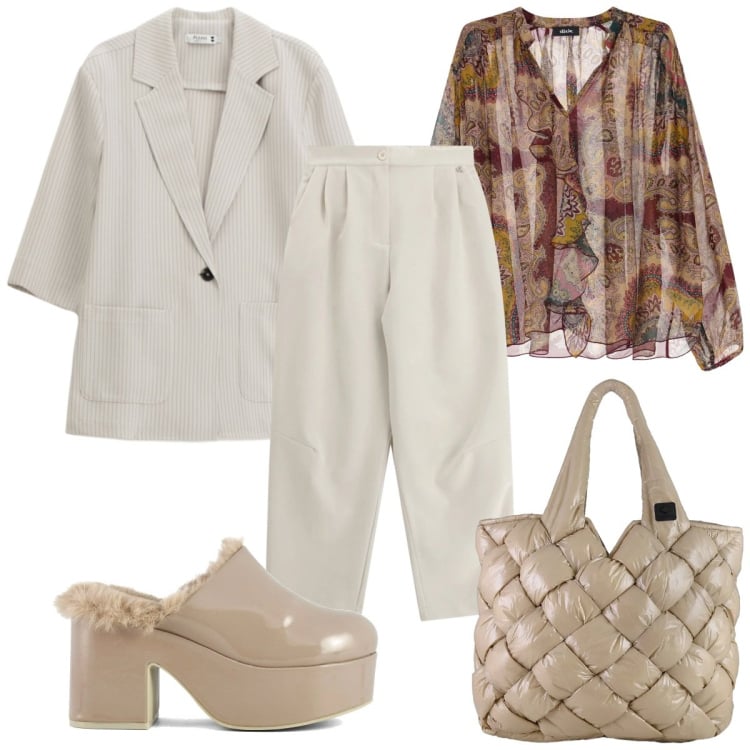 Outfit donna - Soft Power Dressing: beige. Stile Minimal per Tutti i giorni. Abbinamento con blazer, borse tote, pantaloni a palazzo, camicie, sabot.