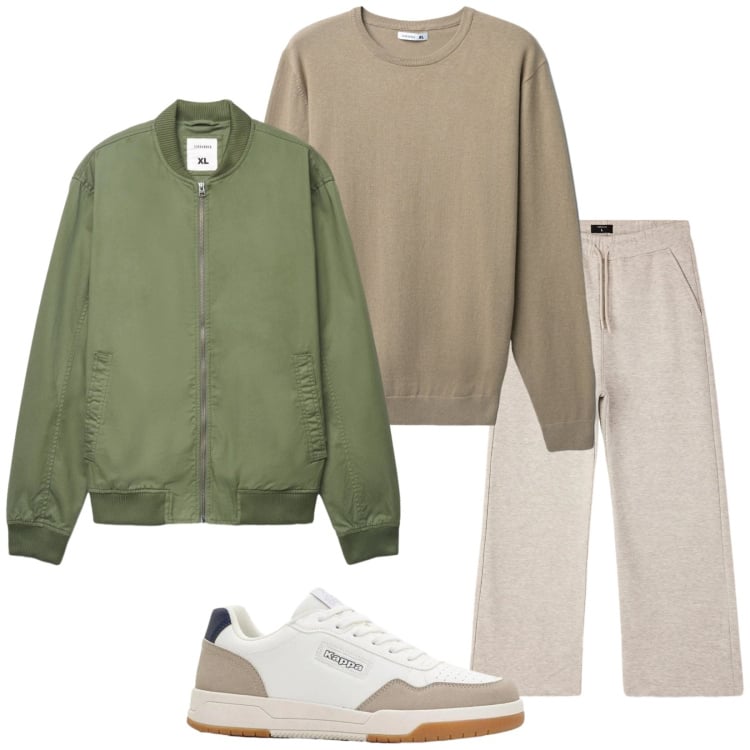 Outfit uomo - Nel parco. Stile Casual per Tutti i giorni. Abbinamento con sneakers, pantaloni, maglieria, bomber.