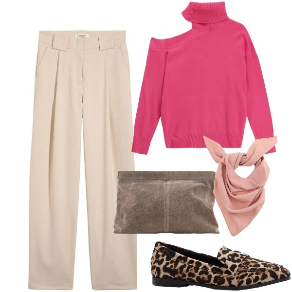 Outfit donna - Maglia leggera protagonista. Stile Urban per Tutti i giorni. Abbinamento con pantaloni, mocassini, maglieria, foulard, pochette.