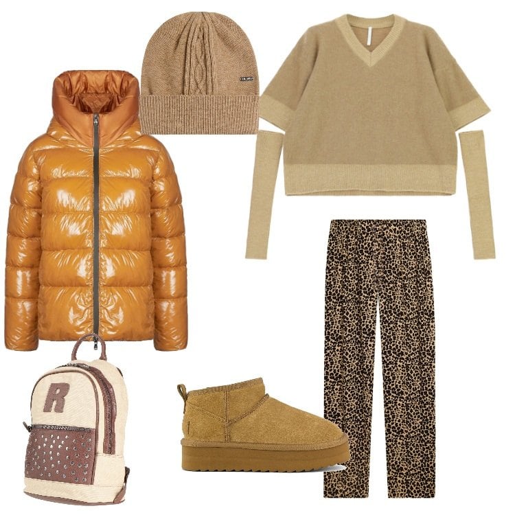 Outfit donna - Fresch & Fit. Stile Casual per Tutti i giorni. Abbinamento con zaini, maglieria, piumini, berretti, pantaloni, stivaletti.