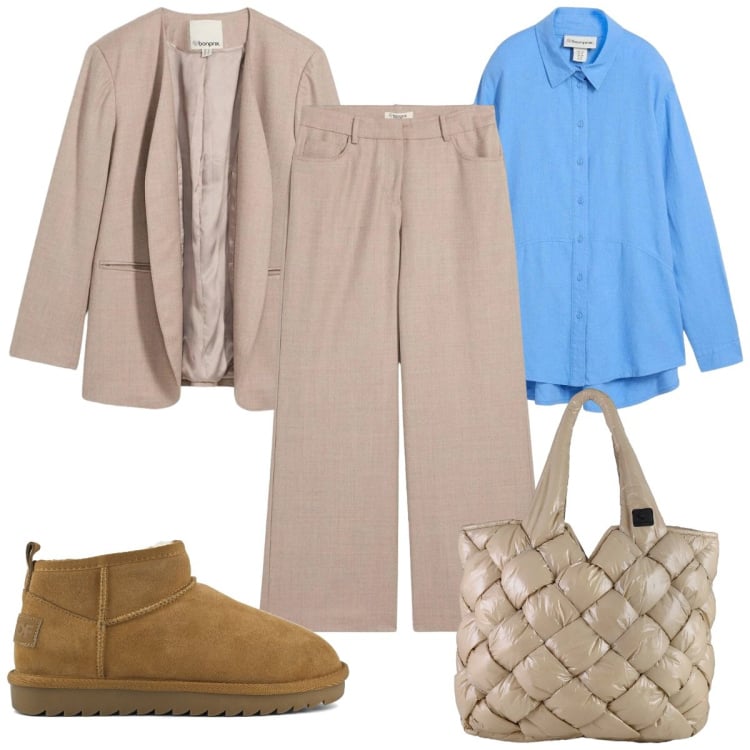 Outfit donna - Soft Power Dressing: curvy. Stile Minimal per Tutti i giorni. Abbinamento con blazer, camicie, pantaloni, borse tote, stivali.