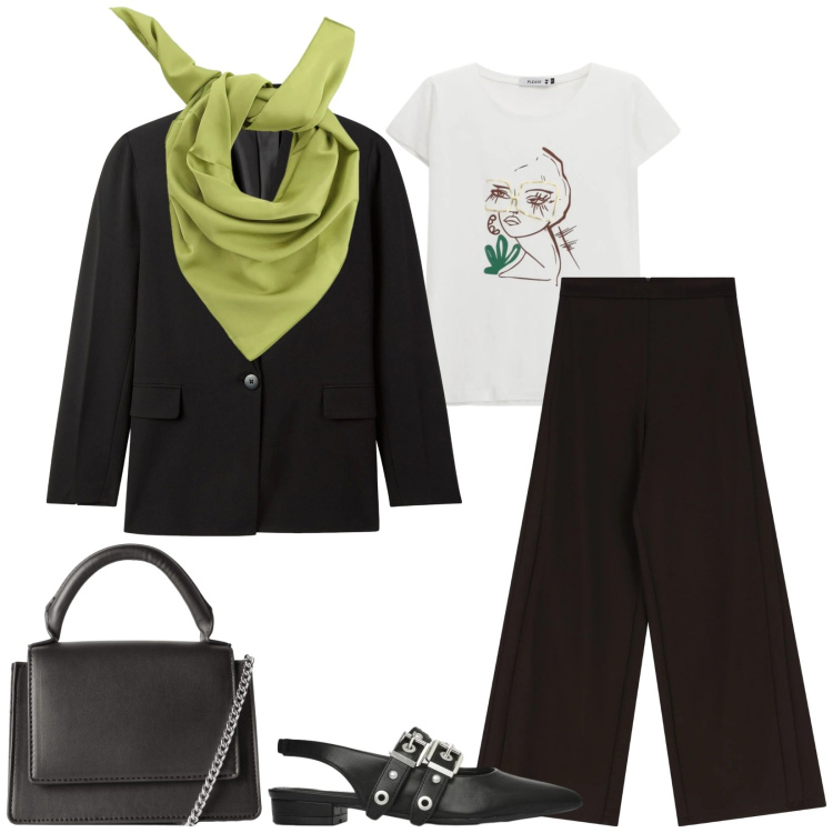 Outfit donna - Total look #2363773. Stile Casual chic per Tutti i giorni. Abbinamento con blazer, borse a tracolla, ballerine, pantaloni a palazzo, t-shirt, foulard.