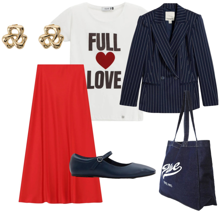 Outfit donna - Bianco rosso e blu. per Tutti i giorni. Abbinamento con blazer, ballerine, gonne lunghe, orecchini, t-shirt, shopping bag.
