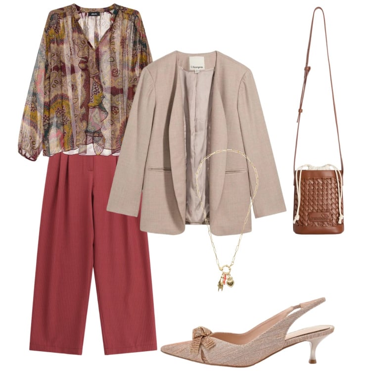 Outfit donna - Soft Power Dressing. Stile Casual chic per Ufficio. Abbinamento con blazer, borse a secchiello, pantaloni a palazzo, décolleté, camicie, ciondoli.