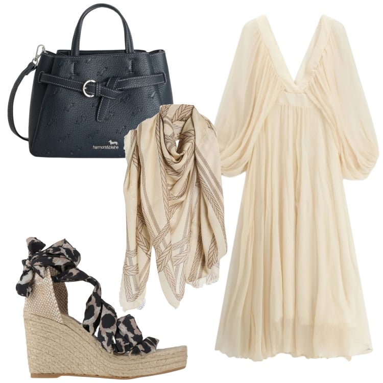 Outfit donna - Stile romantico primaverile. Stile Romantica per Cerimonia. Abbinamento con sciarpe, espadrillas, borse a mano, vestiti lunghi.