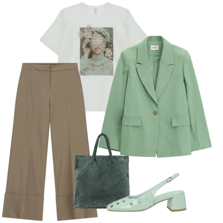 Outfit donna - Soft Power Dressing. Stile Bon Ton per Tutti i giorni. Abbinamento con décolleté, t-shirt, pantaloni a palazzo, blazer, borse a mano.