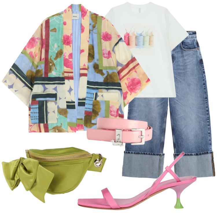 Outfit donna - Kimono patchwork. Stile Boho per Tutti i giorni. Abbinamento con marsupi, sandali in pelle, cinture, t-shirt, jeans, cappotti.