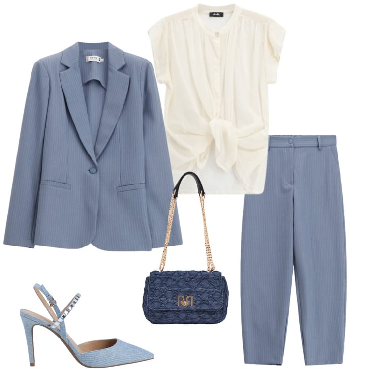 Outfit donna - Soft Power dressing. Stile Casual chic per Tutti i giorni. Abbinamento con décolleté, blazer, pantaloni, borse a spalla, camicie a manica corta.