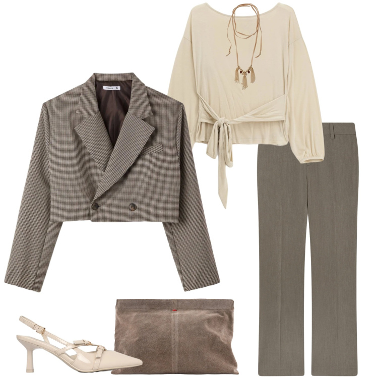 Outfit donna - Soft Power dressing. Stile Casual chic per Ufficio. Abbinamento con pantaloni, décolleté, blazer, top, collane, pochette.