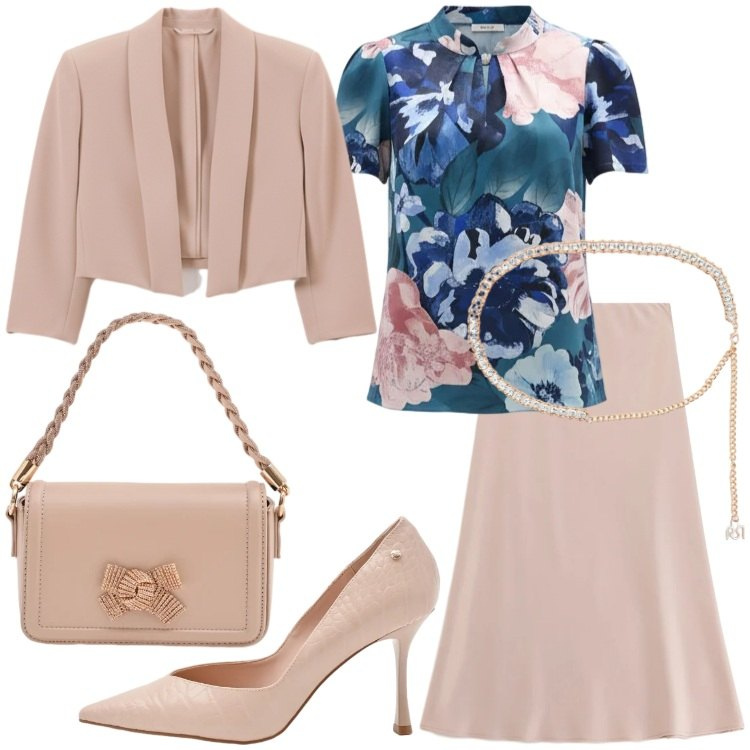 Outfit donna - Stile romantico primaverile Curvy Style. Stile Romantica per Cerimonia. Abbinamento con gonne longuette, bolero, pochette, décolleté, cinture, bluse.